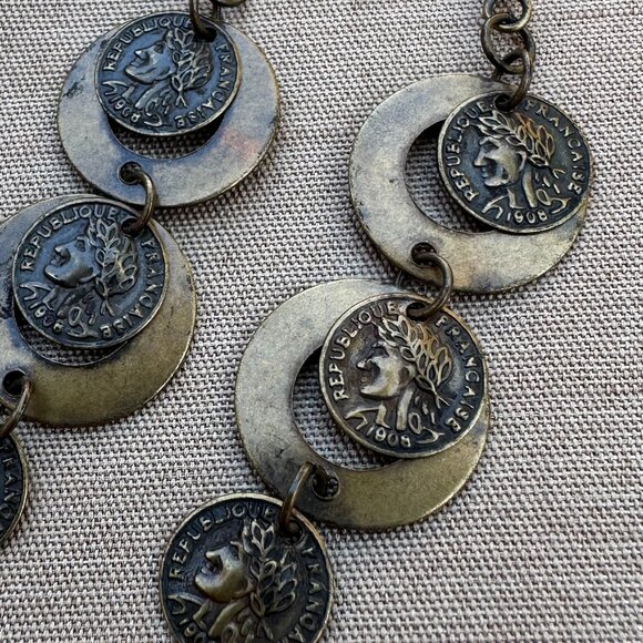 Vintage French Coin Drop Statement Earrings Coin Jewellery - Picture 2 of 5